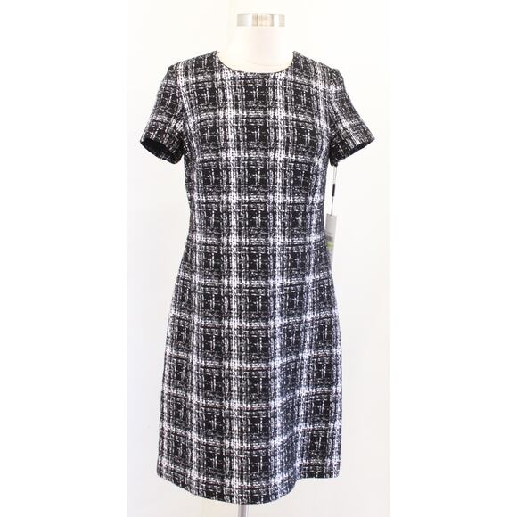 NWT Calvin Klein Black White Textured Plaid Short Sleeve Sheath Dress Size 4 - Picture 1 of 5